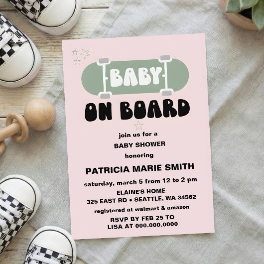 Baby on Board Skateboard Baby Shower party Invitat Kaart