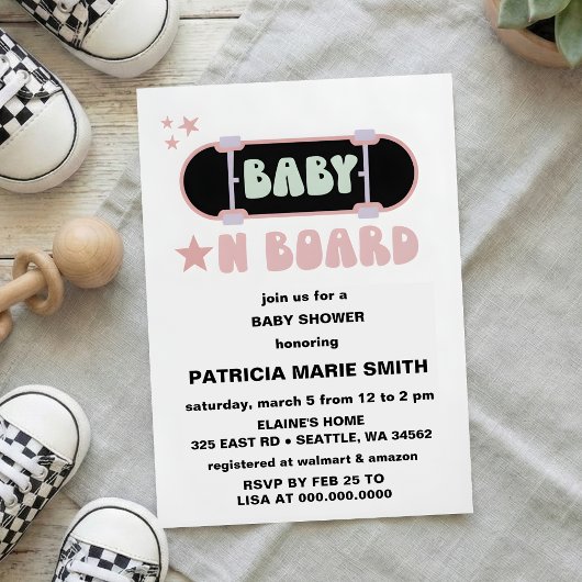 Baby on Board Skateboard Baby Shower party Invitat Kaart