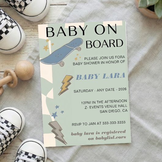 Baby on Board Skateboard Baby Shower party Invitat Kaart