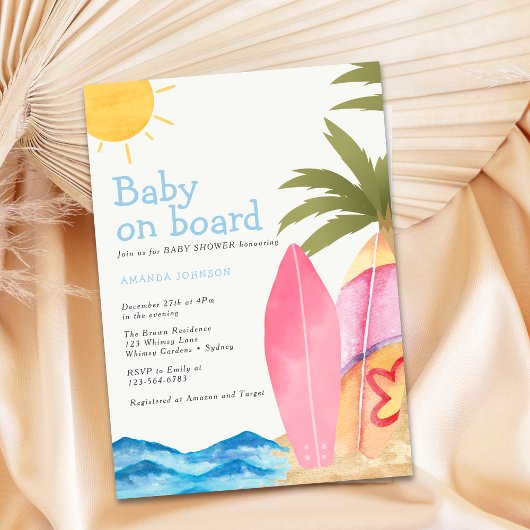 Baby on Board Surfboard Beach Baby Shower Kaart