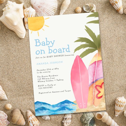 Baby on Board Surfboard Beach Baby Shower Kaart