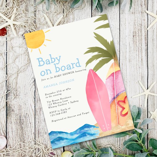 Baby on Board Surfboard Beach Baby Shower Kaart