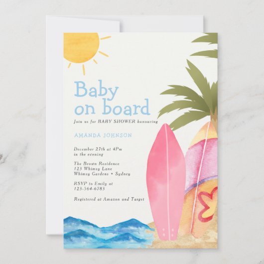 Baby on Board Surfboard Beach Baby Shower Kaart (Voorkant)