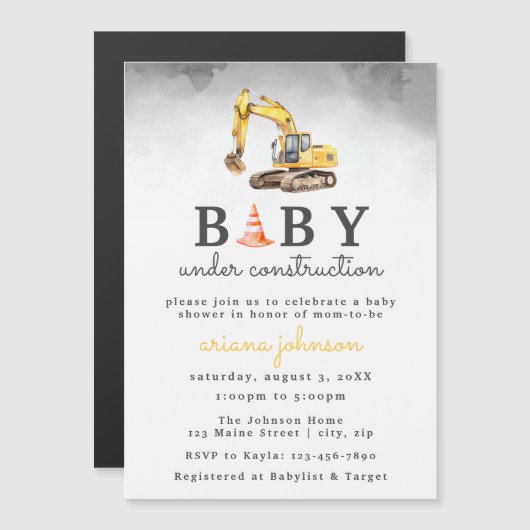 Baby Onder constructie Boy Baby shower Magnetische Uitnodiging (Voorkant / Achterkant)