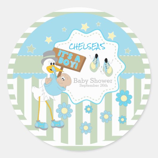 Baby ooievaar baby jongen douche ronde sticker (Voorkant)