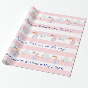 Baby Ooievaar Inpakpapier Roze & Witte Streep