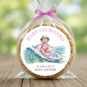 Baby op Board Waterverf Surfmeisje Baby Shower Ronde Sticker