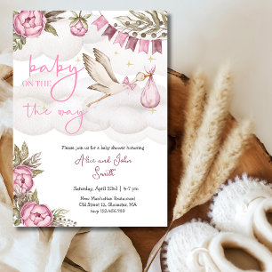 Baby op de weg ooievaar en ballon Baby shower Kaart