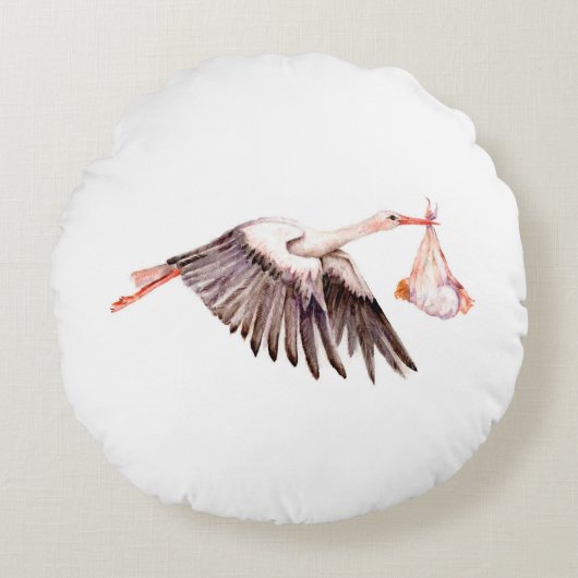 Baby op Ooievaar Rond Kussen (Voorkant)