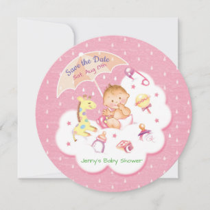 Baby op roze wolken onder het paraplu save the date