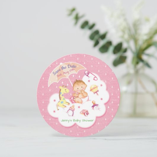 Baby op roze wolken onder het paraplu save the date (Staand voorkant)