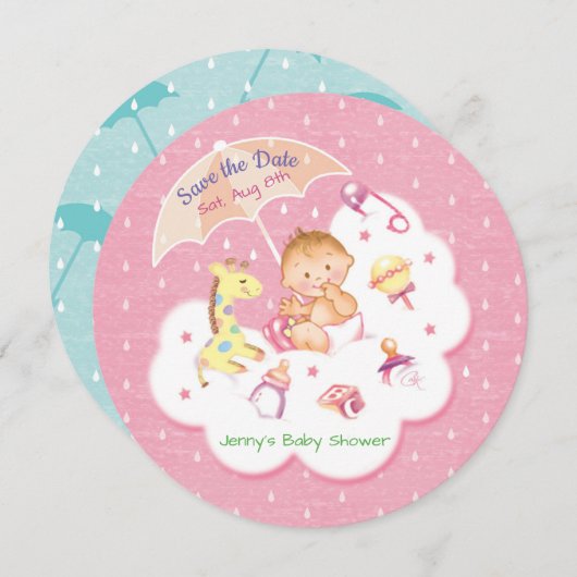 Baby op roze wolken onder het paraplu save the date (Voorkant / Achterkant)