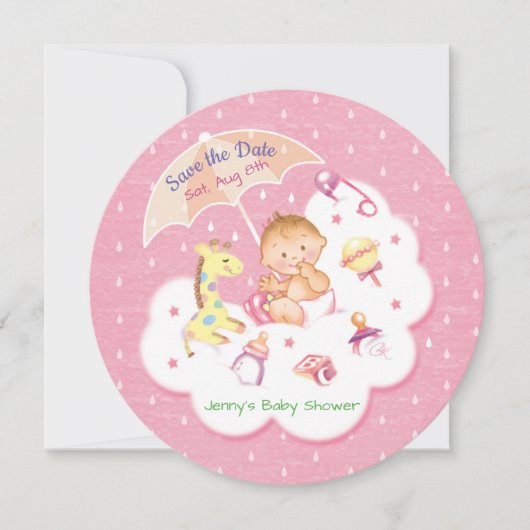 Baby op roze wolken onder het paraplu save the date (Voorkant)