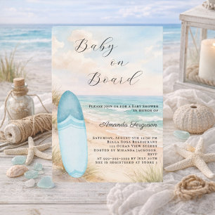Baby op surfplank blauw jongetje strand Baby Showe Kaart