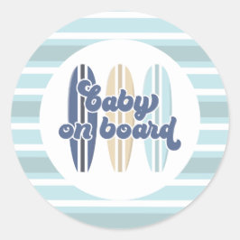 Baby op surfplank strand baby shower klassieker ronde sticker