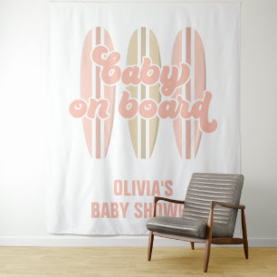 Baby op surfplank strand baby shower wandkleed