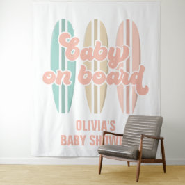 Baby op surfplank strand baby shower wandkleed