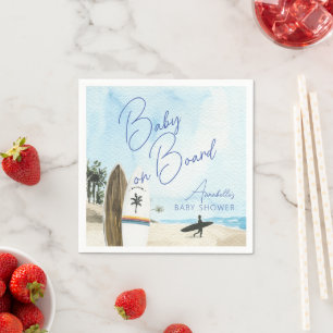 Baby op surfplank strand blauwe jongen babyfeestje servet