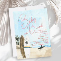 Baby op surfplank strand meisje baby shower