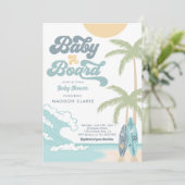 Baby op surfplank strand retro baby shower kaart (Staand voorkant)