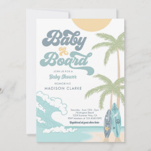 Baby op surfplank strand retro baby shower kaart