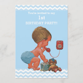 Baby op telefoonblauwe kazen 1e verjaardag Kaart