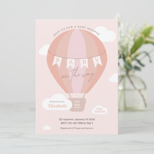 Baby op Way Pink Hot Air Ballon Clouds Shower Kaart (Staand voorkant)