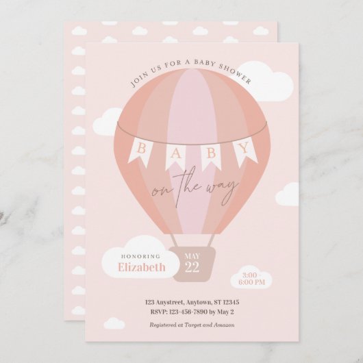 Baby op Way Pink Hot Air Ballon Clouds Shower Kaart (Voorkant / Achterkant)