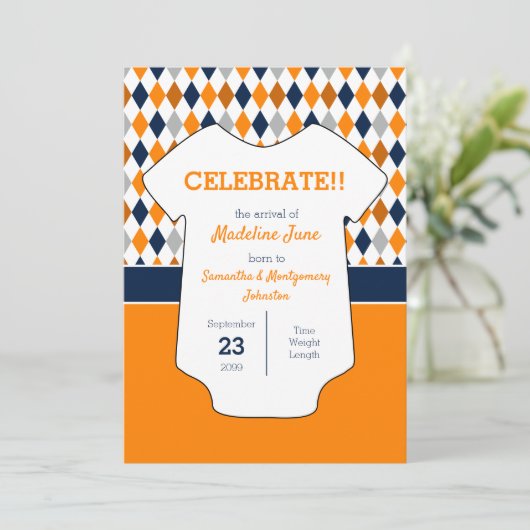 Baby Oranje en Navy Blue Argyle Aankondiging (Staand voorkant)