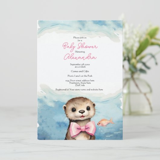 Baby Otter Meisje Baby shower Uitnodiging (Staand voorkant)
