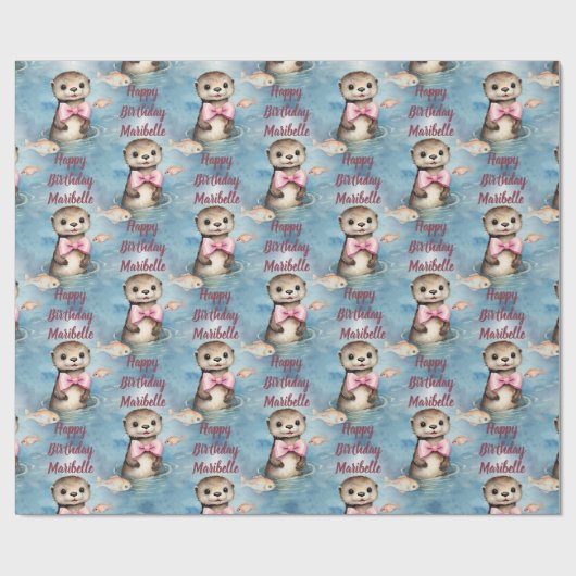 Baby Otter meisje gepersonaliseerde verjaardag Cadeaupapier (Vlak)