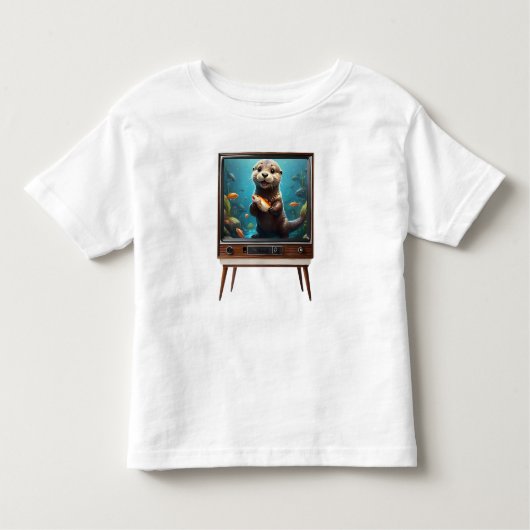 Baby otter met vis op analoge televisie, kinder shirts (Voorkant)