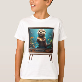 Baby otter met vis op analoge televisie, t-shirt