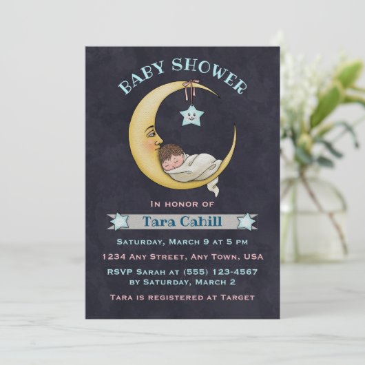 Baby over de uitnodiging van het Moon Baby shower (Staand voorkant)