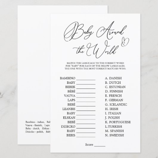 Baby over het World Minimalist Baby shower Game (Voorkant / Achterkant)