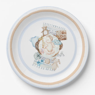 Baby over Vintage Blanket Blue Stripe Baby shower Papieren Bordje