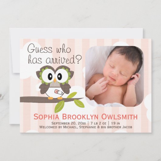 Baby Owl Announcement Girl Aankondiging (Voorkant)