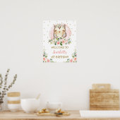 Baby Owl Blush Gold Pink Floral Birthday Welkom Poster (Keuken)