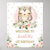 Baby Owl Blush Gold Pink Floral Birthday Welkom Poster (Voorkant)