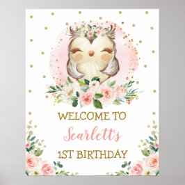 Baby Owl Blush Gold Pink Floral Birthday Welkom Poster