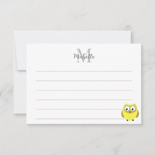 Baby Owl Cartoon Lined Monogram Personalized  Notitiekaartje (Voorkant)