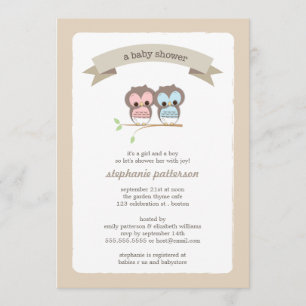 Baby Owl Girl & Boy Twin Baby shower Invitation Kaart