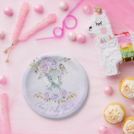 Baby Paarse Bloemen Olifanten Tweeling Baby shower Papieren Bordje (Feest)