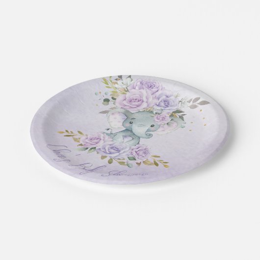 Baby Paarse Bloemen Olifanten Tweeling Baby shower Papieren Bordje (Gekanteld)