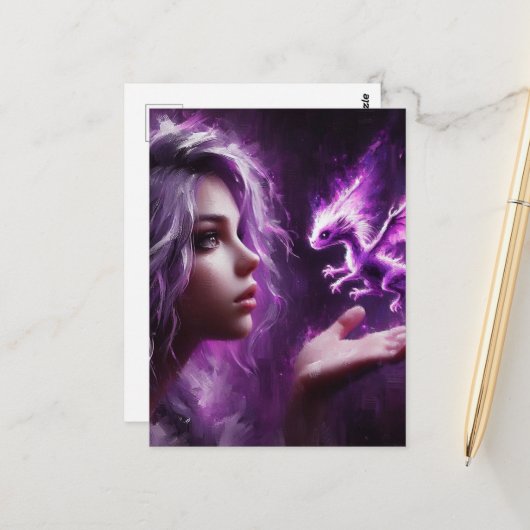 Baby Paarse Draak Briefkaart (Voorkant / Achterkant in situ)