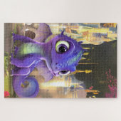 Baby Paarse draak en Fantasy middeleeuwse kasteel Legpuzzel (Horizontaal)