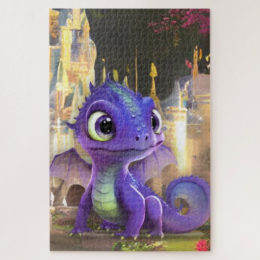 Baby Paarse draak en Fantasy middeleeuwse kasteel Legpuzzel (Verticaal)