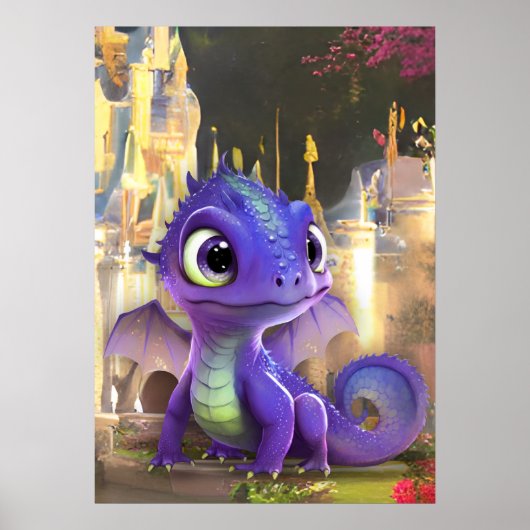 Baby Paarse draak en Fantasy middeleeuwse kasteel Poster (Voorkant)