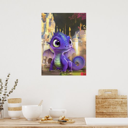 Baby Paarse draak en Fantasy middeleeuwse kasteel Poster (Keuken)