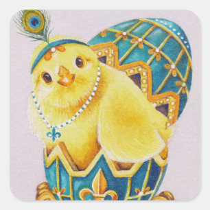 Baby Paasflapper Chick Blue Egg Waterverf Art Vierkante Sticker
